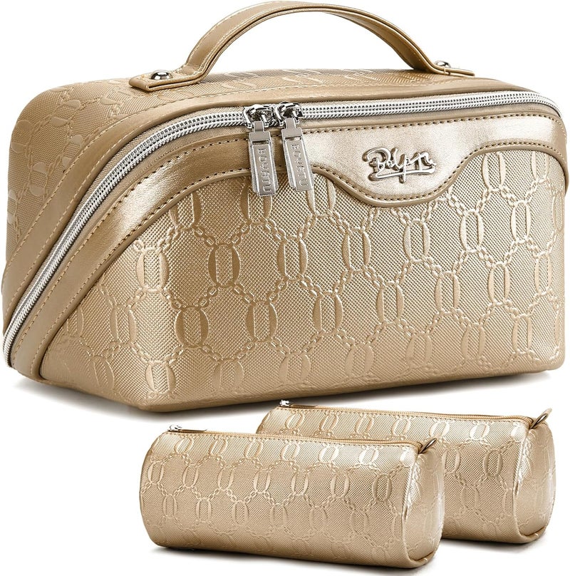 BOYATU Travel Makeup Bag for Women: Cosmetic Organizer Bag with Compartments - Leather Make up Bags Set of 3 (G-5-Gold Yellow) - Image 1